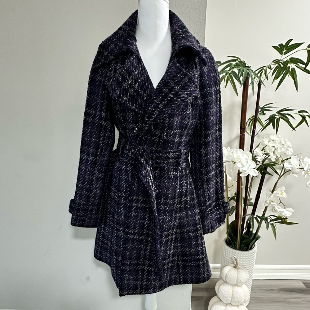 BLANC NOIR - Purple Plaid Belted Coat - M - wool